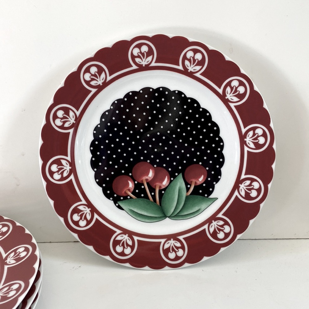 Four Mary Engelbreit Polka Dot And Cherry 8” Plates - Picture 2 of 11